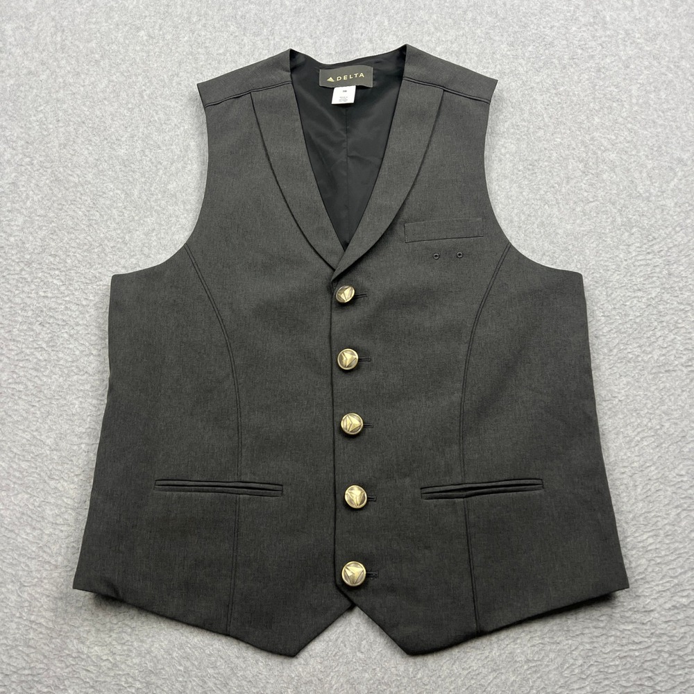 Delta Vest Mens 38 Dark Charcoal Gray Lapel Button Front Lined Attendant Uniform